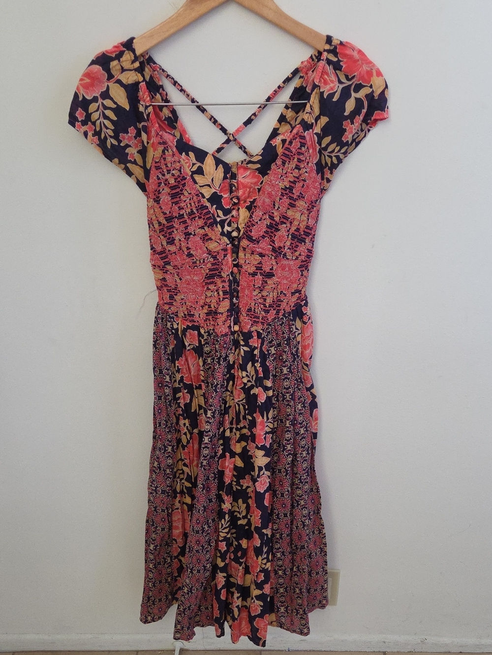 Free People Midi Floral Print Dress Smocked Bodice Button Front XS